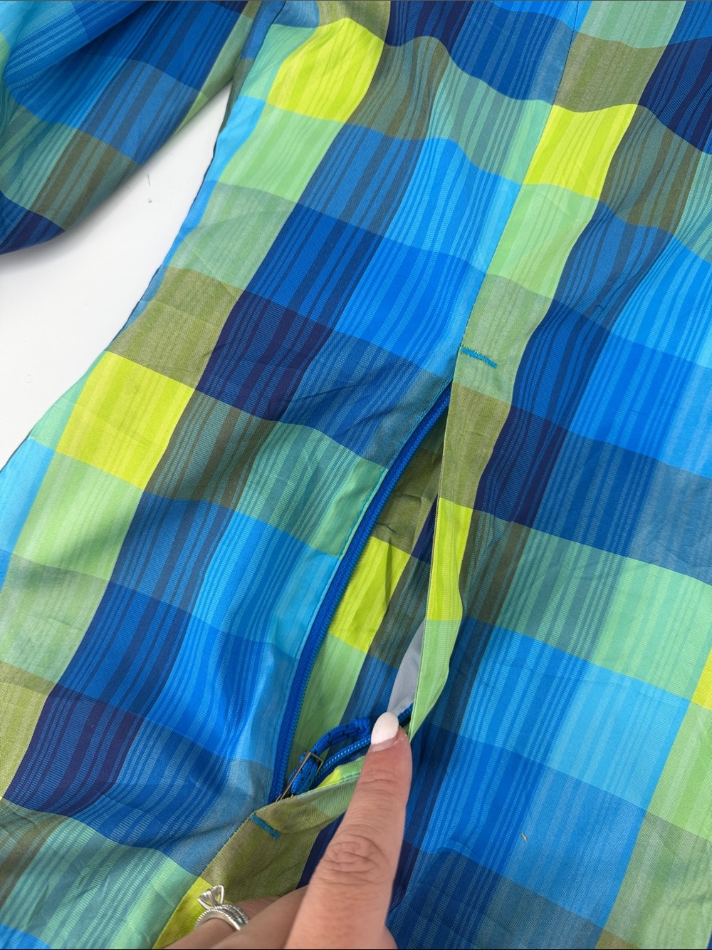 Columbia Blue Green Plaid Hooded Rain Jacket Gorpcore Women’s XL - Picture 10 of 13
